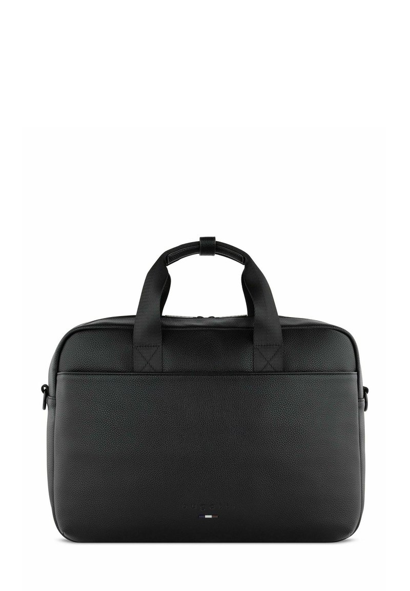 Schwarze Leder-Laptoptasche mit glatter Textur, zwei oberen Griffen und einem Reißverschluss. Verfügt über dezentes Branding und eine rechteckige Form.
