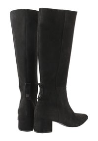 Black suede knee-high boots with a pointed toe and block heel, featuring a side zip closure and accents on the heel.