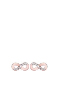 Boucles d'oreilles en or rose en forme d'infini, ornées de cristaux transparents le long d'un bord, avec une texture lisse et une finition polie.
