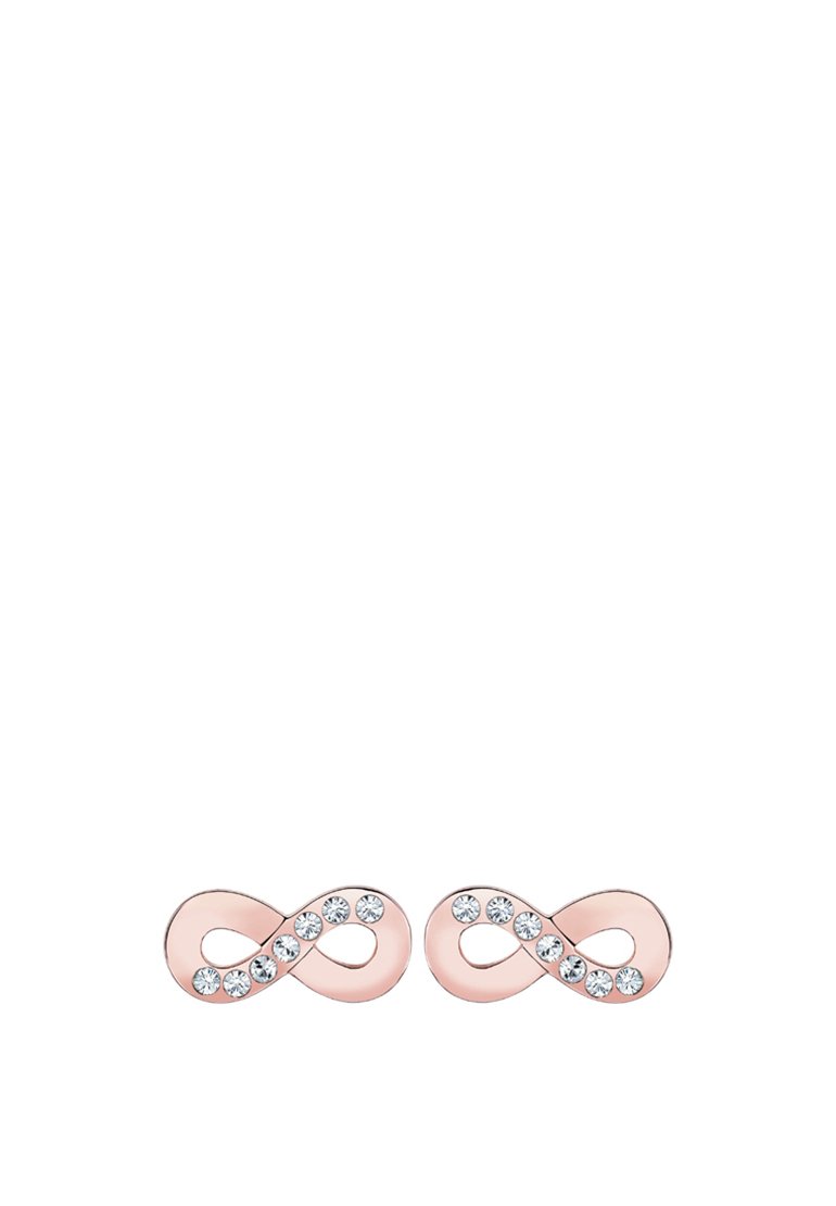 Boucles d'oreilles en or rose en forme d'infini, ornées de cristaux transparents le long d'un bord, avec une texture lisse et une finition polie.