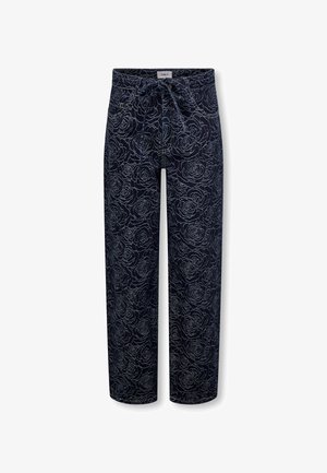 Temno modre hlače z rožnatim vzorcem vrtnic, izdelane iz mehke tkanine. Imajo pas z vezalko in sproščen širok kroj hlačnic.