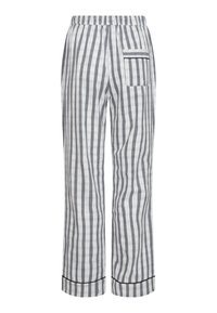 Linnedragtbukser med vertikale grå og hvide striber, elastisk talje og en enkelt lomme på bagsiden.