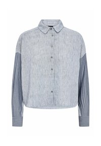 Button-up shirt in light blue fabric with a textured finish. Long sleeves feature contrasting striped pattern. Classic collar design.