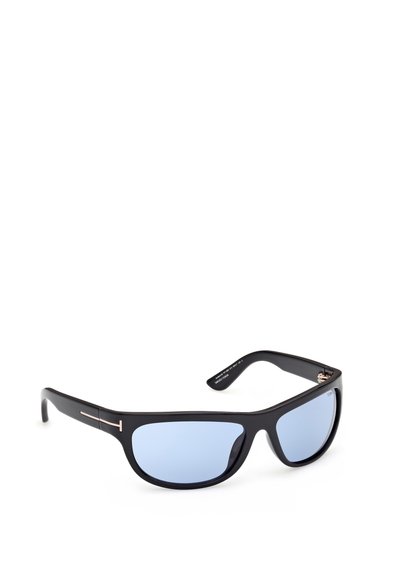 Svarta solglasögon med blåa linser, med en slank design och tunna silverdetaljer på skalmarna.