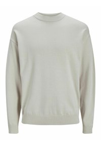 Light gray knit sweater with a crew neckline, ribbed cuffs, and hem; features a soft texture and relaxed fit.