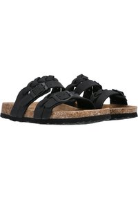 Schwarze Sandalen mit geflochtenen Riemen, zwei verstellbaren Schnallen, einem Korkfußbett und einer strukturierten Gummisohle für besseren Halt.