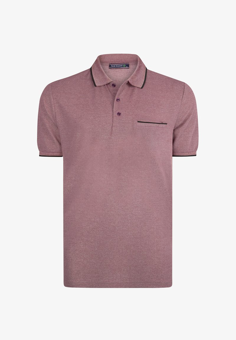 Lühikese varrukaga polo särk pehmest mauve kangast, millel on peen tekstuur. Omab musta äärisega kraed ja nööbisisu.