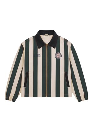 Bunda s vertikálními tmavě zelenými a béžovými pruhy, černým límcem, předním zipem, bočními kapsami a vyšitými logy na hrudi.