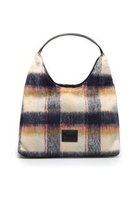 Woolen torba hobo z wzorem w kratę w kolorze granatowym, kremowym i rdzawym, z czarną naszywką z logo oraz gładkim uchwytem. Miękka, teksturowana powierzchnia.