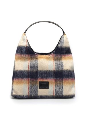Woolen torba hobo z wzorem w kratę w kolorze granatowym, kremowym i rdzawym, z czarną naszywką z logo oraz gładkim uchwytem. Miękka, teksturowana powierzchnia.