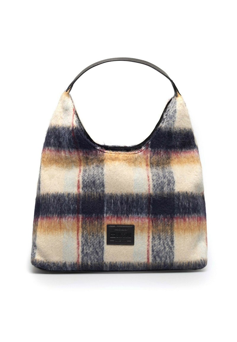 Woolen torba hobo z wzorem w kratę w kolorze granatowym, kremowym i rdzawym, z czarną naszywką z logo oraz gładkim uchwytem. Miękka, teksturowana powierzchnia.