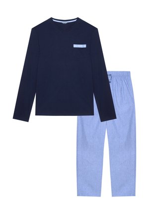 Marineblå langærmet top med lomme, kombineret med lyseblå bukser med elastisk talje og prikket mønster. Blødt bomuldsmateriale.