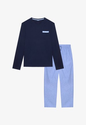 Marineblå langærmet top med lomme, kombineret med lyseblå bukser med elastisk talje og prikket mønster. Blødt bomuldsmateriale.