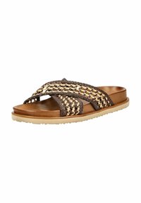 Sandal con cinturini intrecciati color marrone, caratterizzato da strisce incrociate in materiale intrecciato, una soletta liscia color beige e una suola texture chiara.