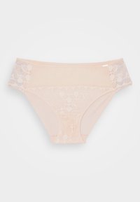 Helle rosa Unterwäsche mit Spitzenakzenten an den Seiten, weichem Stoff und glattem Bund. Filigranes Spitzenmuster auf den Paneelen.
