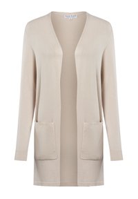 Beżowy kardigan wykonany z miękkiej dzianiny, z długimi rękawami, otwartym przodem i dwoma przednimi kieszeniami naszytymi.