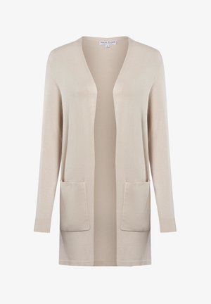 Beżowy kardigan wykonany z miękkiej dzianiny, z długimi rękawami, otwartym przodem i dwoma przednimi kieszeniami naszytymi.