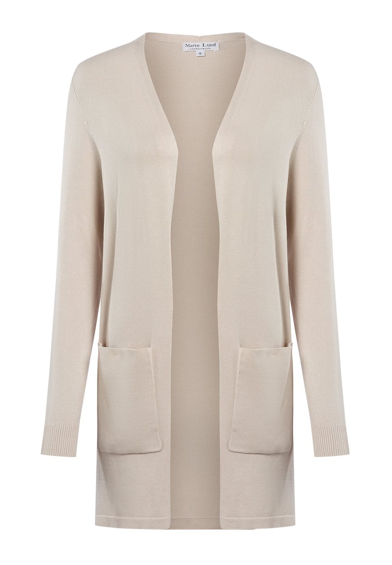 Beżowy kardigan wykonany z miękkiej dzianiny, z długimi rękawami, otwartym przodem i dwoma przednimi kieszeniami naszytymi.