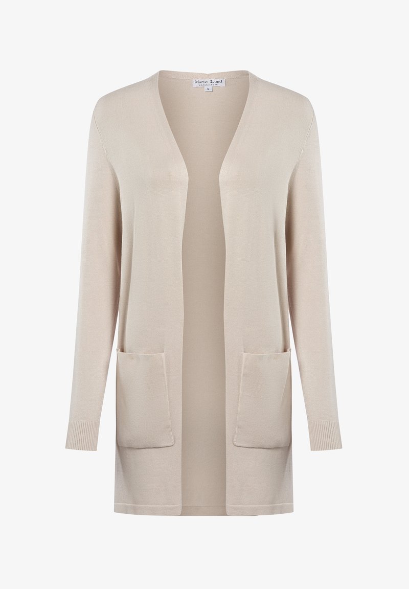 Beżowy kardigan wykonany z miękkiej dzianiny, z długimi rękawami, otwartym przodem i dwoma przednimi kieszeniami naszytymi.