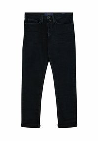 Jeans in denim nero con vestibilità slim, dotati di chiusura con zip e bottone, design a cinque tasche e orli arrotolati.