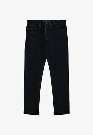 Jeanși din denim negru, cu o croială slim, având închidere cu fermoar și nasture, design cu cinci buzunare și manșete răsucite la tiv.