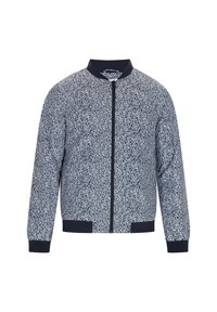 Giacca bomber a righe blu navy e bianco con chiusura a zip, colletto a coste, polsini e orlo. Presenta una texture di tessuto liscia.