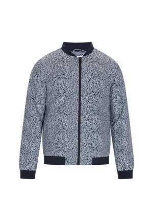 Marineblå og hvid mønstret bomberjakke med lynlås, ribbet krave, manchetter og kant. Har en glat stofstruktur.