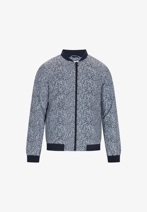 Marineblå og hvid mønstret bomberjakke med lynlås, ribbet krave, manchetter og kant. Har en glat stofstruktur.