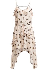 Robe beige sans manches avec imprimé floral foncé, détails à volants, ceinture à la taille et ourlet asymétrique en forme de mouchoir.