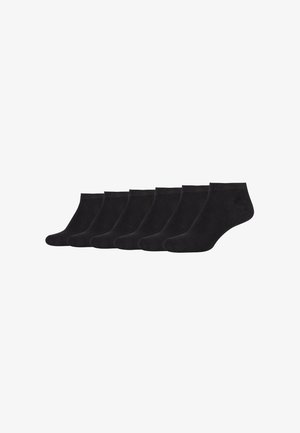 Socks pretos até ao tornozelo em um pacote de seis. Material suave com uma textura lisa e punhos elásticos para um ajuste seguro. Sem padrões ou detalhes.
