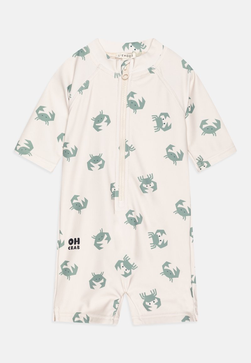 Short-sleeve, cream-colored onesie featuring a repeating crab pattern in muted green. Includes a front zipper and "OH CRAB" text detail.