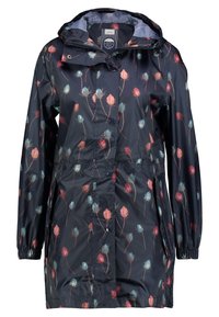 Impermeabile blu navy con motivo floreale in rosa e azzurro, realizzato in materiale impermeabile lucido con vita arricciata e cappuccio.