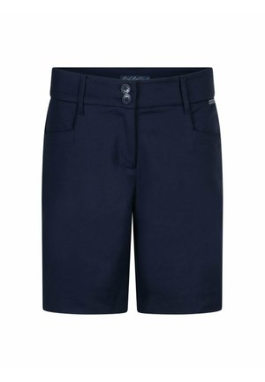 Marineblauwe, getailleerde korte broek met riemlussen, dubbele knoopsluiting, voorzakken en een subtiel merkje aan de rechterkant.