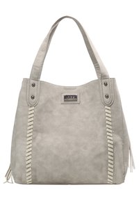 Sac cabas en simili cuir gris avec détails tressés, deux anses d'épaule et quincaillerie argentée. Comprend une texture lisse et des accents de pompons.