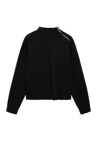 Pull noir à manches longues avec col haut et fermeture éclair argentée visible inclinée du cou à l'épaule sur fond blanc uni.