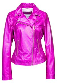 Kurtka motocyklowa z ekoskóry w jaskrawym różowym kolorze. Posiada wycięty kołnierz, asymetryczny zamek błyskawiczny oraz zapinane na zamek kieszenie boczne. Gładka, błyszcząca faktura.