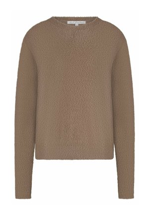 Langarm taupe fuzzy trui met ronde hals, rechte zoom en zachte textuur.