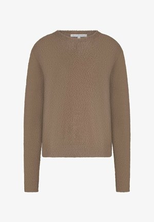 Langarm taupe fuzzy trui met ronde hals, rechte zoom en zachte textuur.