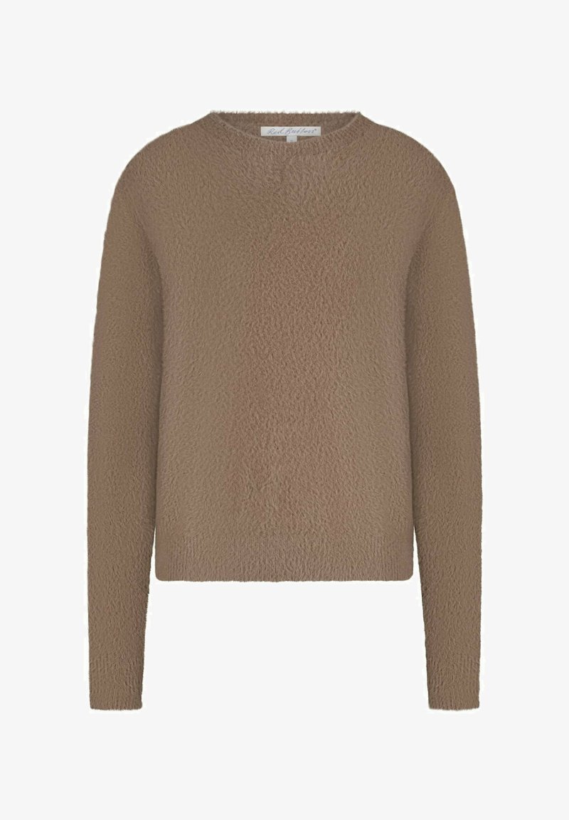 Pull en laine taupe à manches longues avec un col rond, un ourlet droit et un tissu texturé doux.