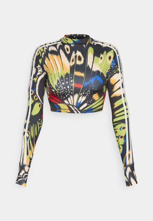 Long-sleeve crop top in a multicolored butterfly pattern with black, green, yellow, and blue hues; features white side stripes and slim fit.