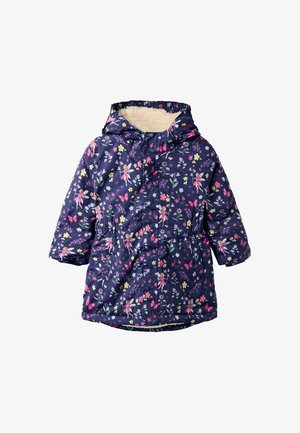 Tumesinine lillelise kapuutsiga puhvjakas roosa ja rohelise lille- ja liblikamustriga, millel on kunstkarv vooder ja elastne vöökoht.