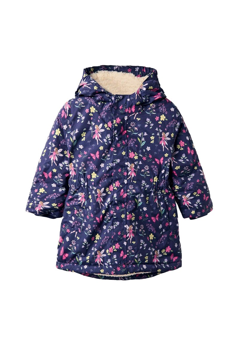 Jūrinės gėlės rašto pūkuotas striukė su gobtuvu, su rožinėmis ir žaliomis gėlėmis bei drugeliais, turinti dirbtinį kailį ir elastingą juosmenį.