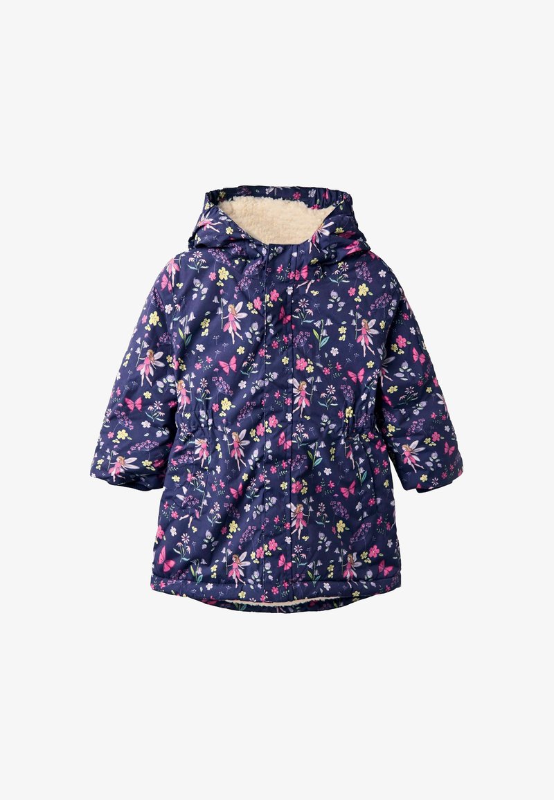 Jūrinės gėlės rašto pūkuotas striukė su gobtuvu, su rožinėmis ir žaliomis gėlėmis bei drugeliais, turinti dirbtinį kailį ir elastingą juosmenį.