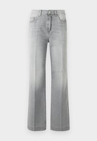 Grijze wijde spijkerbroek van denim, met een vervaagde uitstraling, voorzakken en een knoopsluiting. Soepele textuur en gelijkmatige stiksels.