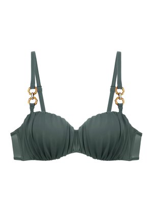 Haut de bikini vert texturé avec des coques rembourrées, détails froncés et accents en métal doré. Bretelles réglables pour un ajustement personnalisé.