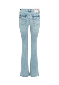 Světle modré rozšířené džíny s klasickým designem pěti kapes. Mají vysoký pas, jemné zažloutnutí a dekorativní prošívání na zadních kapsách.