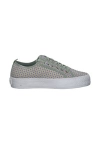 Light green mesh sneakers with a textured pattern, white rubber sole, and matching laces. Features a padded collar and loop tab at the heel.