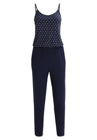 Combinaison marine avec fines bretelles, haut à motif avec petites ancres et taille resserrée. Tissu lisse avec jambes fuselées pour une coupe décontractée.