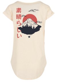 Cremfarbener T-Shirt mit runder Saumlinie, das ein Grafik von Mount Fuji, einer roten Sonne und japanischem Text in fettem Rot und Schwarz zeigt.