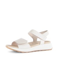 Witte leren sandalen met verstelbare klittenbandstraps, open teen ontwerp en een gestructureerde beige zool. Voorzien van een gevoerde binnenzool voor extra comfort.